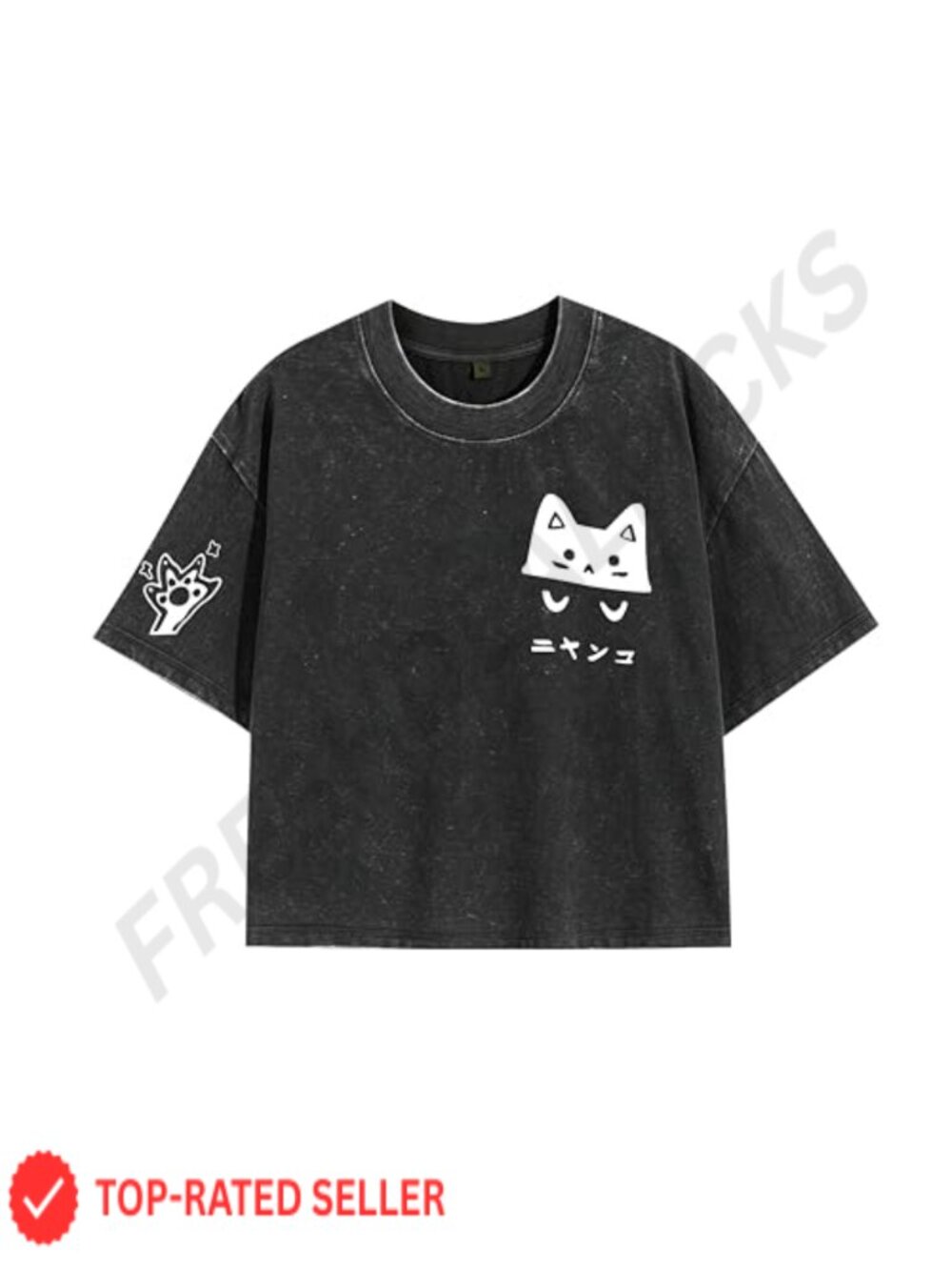 Womens Cotton Crop Top Cat Print Acid Wash Short Sleeve Tee